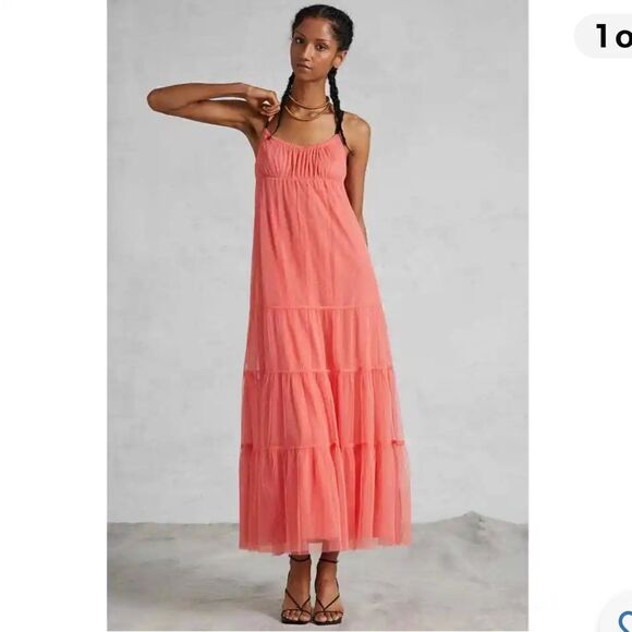 NWT Maeve Anthropologie Tulle MIDI Dress Coral Small - Picture 1 of 14